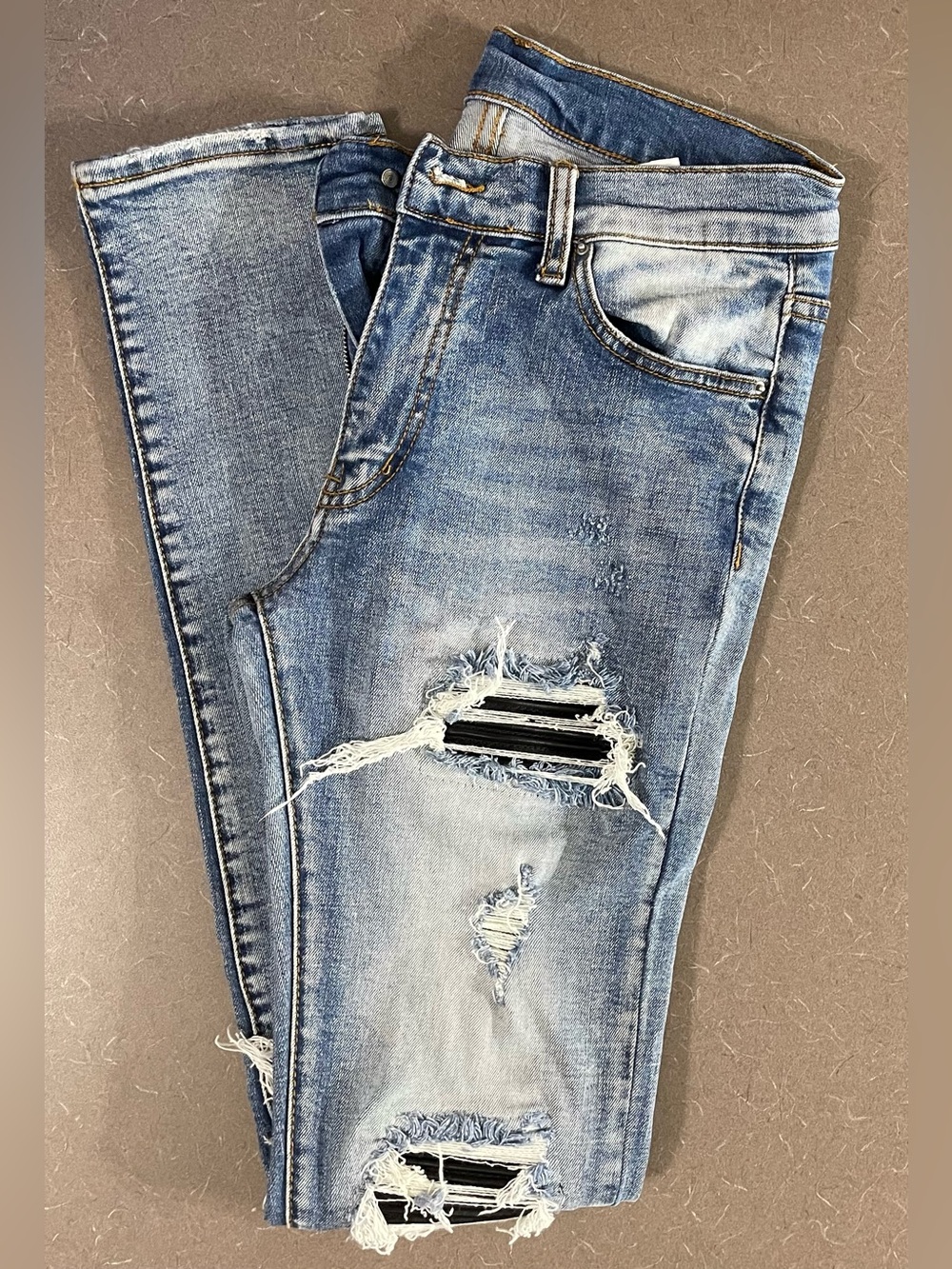 MNML M14 Stretch Denim Jeans Blue Distressed Ribbed Leather Track Patch Size 30